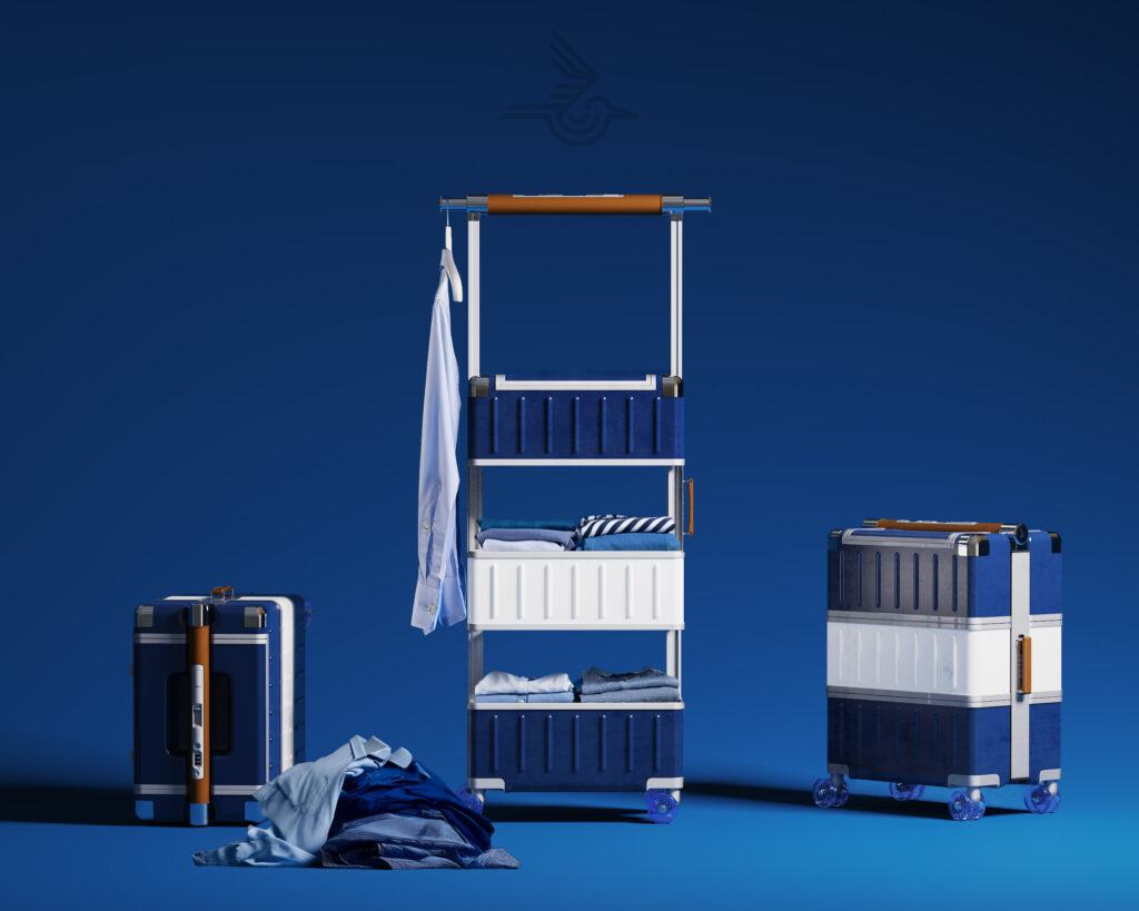 A Drobe Cabin opened into three levels, with a shirt hanging from its raised handle and folded clothes inside, between two closed Drobes on a blue backdrop.