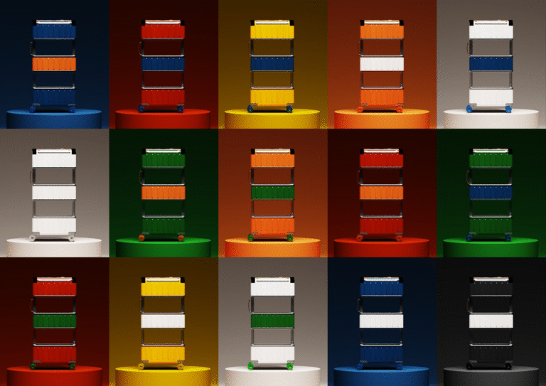 A grid of fifteen Drobe Cabins in different shell, mid panel and wheel colour combinations.